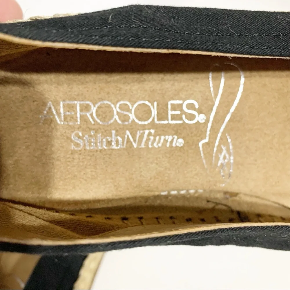 AEROSOLES StitchNTurn Slip-On Canvas Espadrilles Jute Outsole Black / Tan Summer